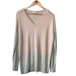 Vince Women’s Merino Wool Colorblock Easy Fit V Neck Sweater Pink Gray Sz Small